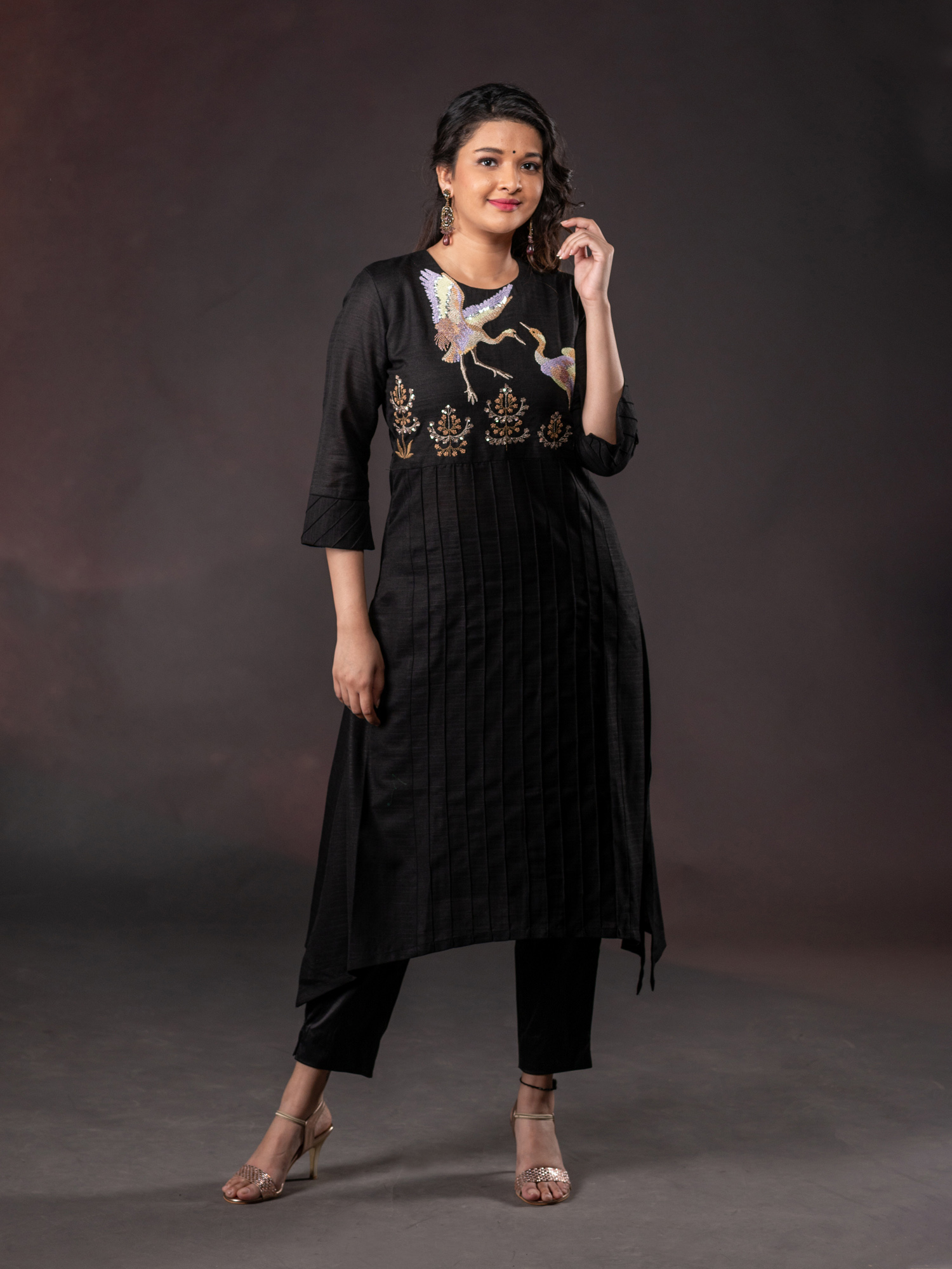 Black Kurti With Thread Embroidery and Sequins Bird Motifs And Pencil Pants   Mamatha Tulluri