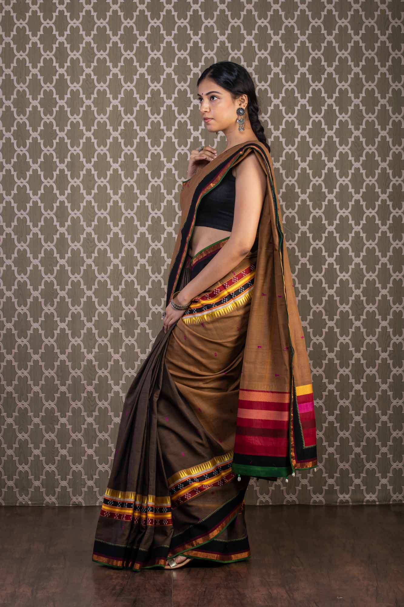 Brown Handloom Cotton Saree with Mashroo Borders | Mamatha Tulluri