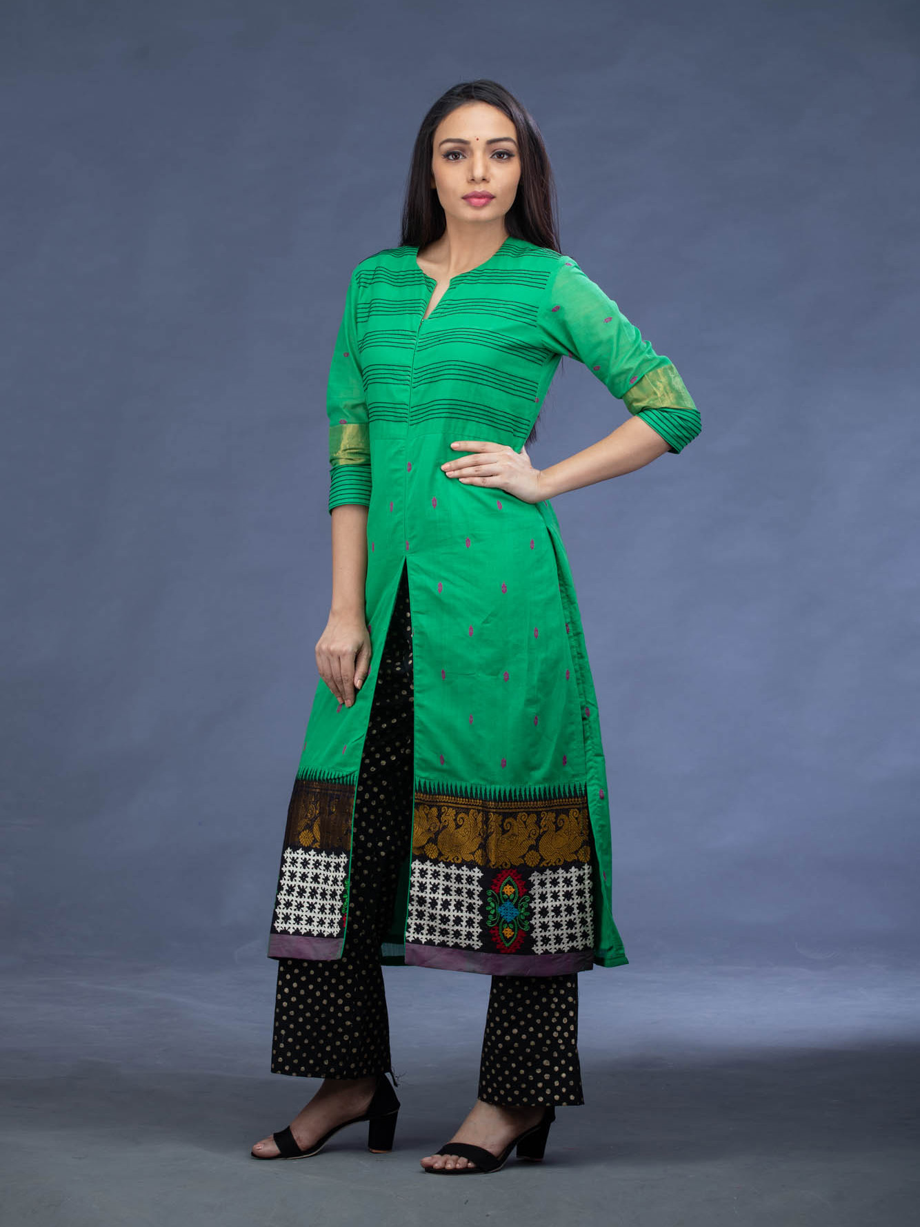 Green Embroidered Kurti with Printed Pants | Mamatha Tulluri