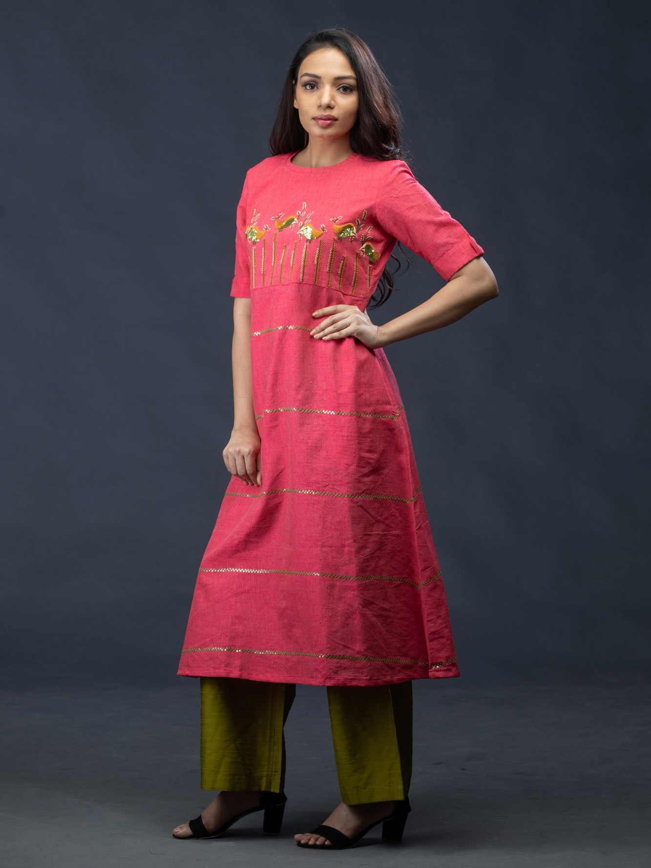 pink kurti with white pants