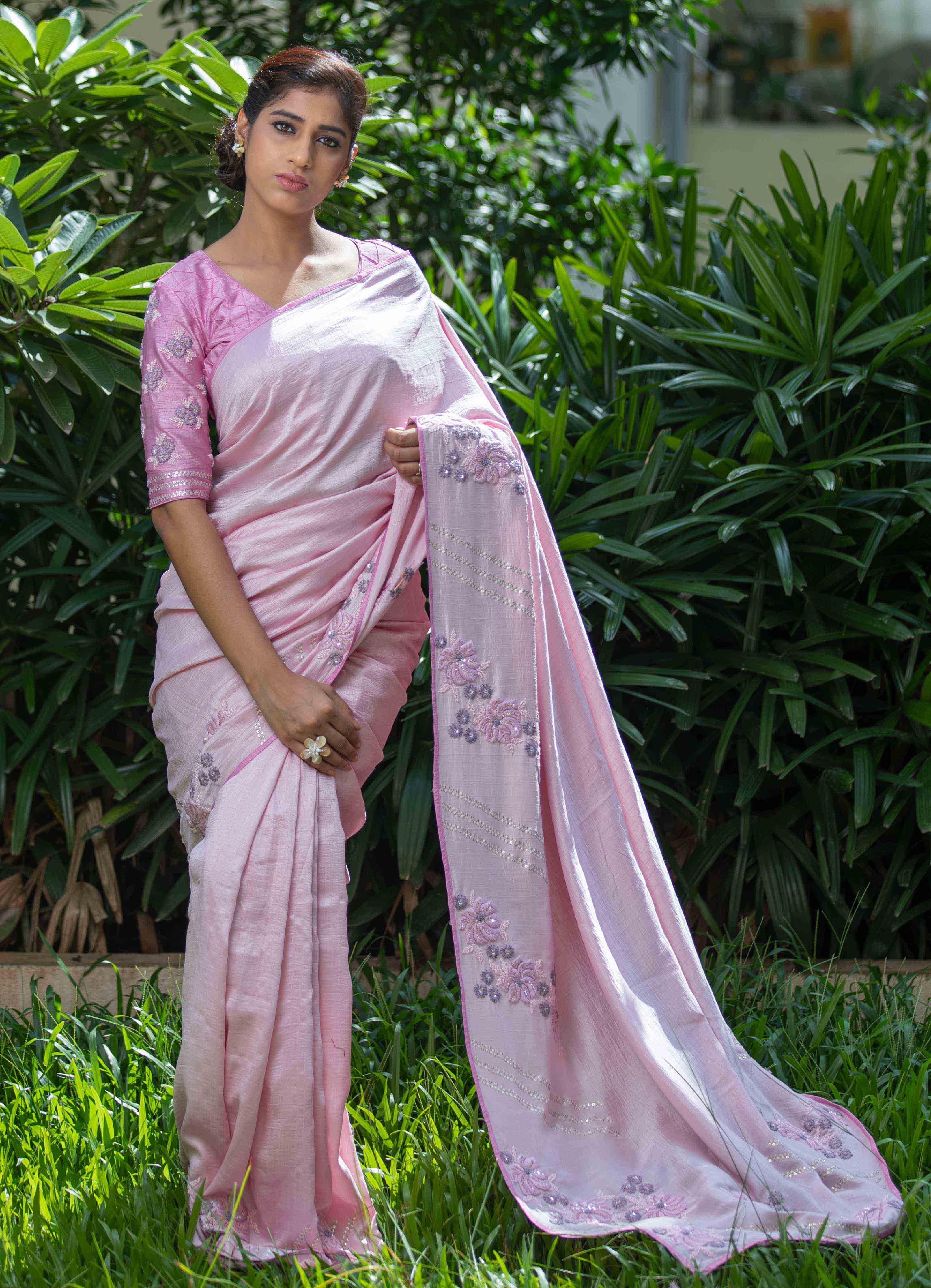 Peach Cheniya Silk Sari With Pink Blouse online | Mamatha Tulluri
