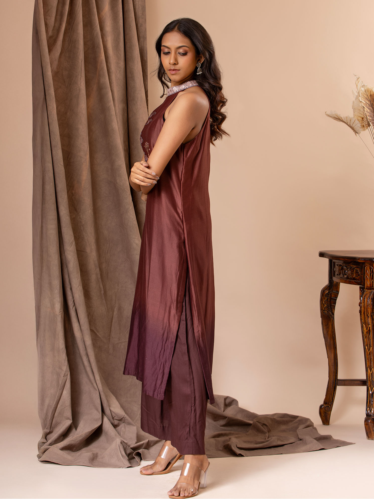 Shaded brown Chanderi halter neck straight-cut top with butterfly hand embroidery detailing, paired with pants.