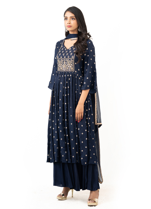 Zari and sequin embroidered top with chiffon dupatta and cut pants